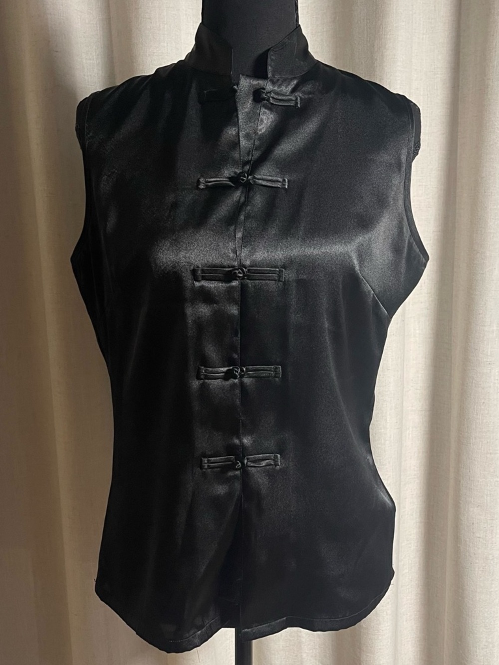 Lord & Taylor Black Satin Mandarin-Collar Sleeveless Top